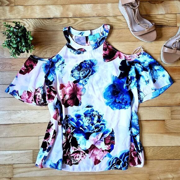CeCe Floral Cold Shoulder Top - Blue and Pink - Picture 1 of 8